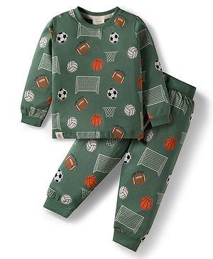 Ollypop Sinker Knit Full Sleeves Co-ords Night Suit With Football Print - Olive Green
