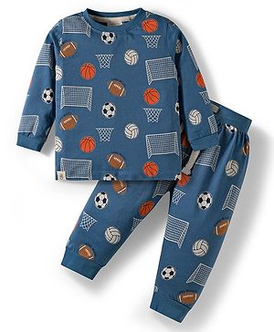 Ollypop Sinker Knit Full Sleeves Co-ords Night Suit With Football Print - Blue