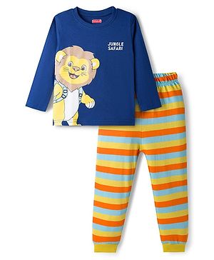 Babyhug Cotton Knit Full Sleeves Night Suit With Tiger Print - Navy Blue