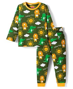 Babyhug Cotton Knit Full Sleeves Co-Ord Night Suit with Animal Print - Green