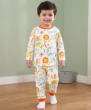 Babyhug Cotton Knit Full Sleeves Co-ords Night Suit With Animal Print - White