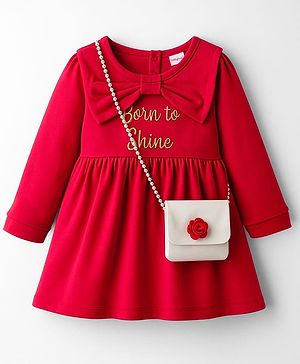 Babyhug Cotton Knit Full Sleeves Frock With Text Embroidery & Sling Bag - Red