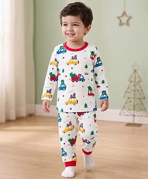 Babyhug Cotton Knit Full Sleeves Co-ords Night Suit With Vehicle Print - White