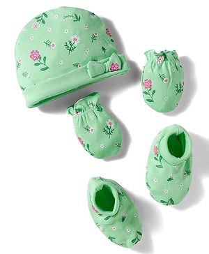 Babyhug 100% Cotton Knit Cap Mittens And Booties with Floral Print Light Green - 14.5 cm Diameter