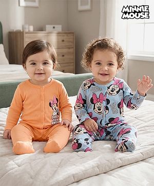 Babyhug Disney Interlock Knit Sleepsuits With Minnie Mouse Graphics Pack Of 2 - Orange & Light Blue