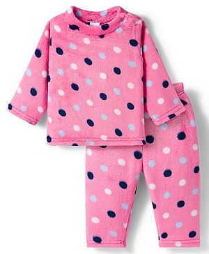 Babyhug Velour Knit Full Sleeves Co-ords Night Suit With Polka Dots - Pink