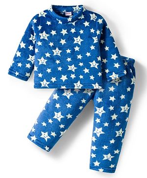 Babyhug Velour Knit Full Sleeves Winter Wear Co-ords Night Suit With Star Print - Navy Blue