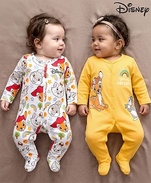 Babyhug Disney Interlock Knit Full Sleeves Footed Sleepsuit With Marie Graphics Pack Of 2 - White & Yellow