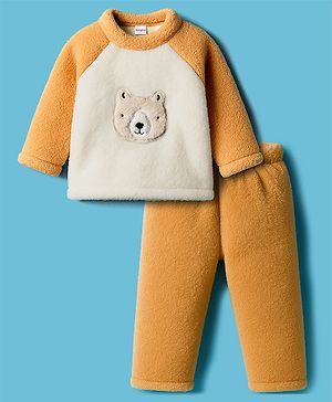 Babyhug Velour Knit Full Raglan Sleeves Winter Wear Night Suit With Bear Applique - Beige