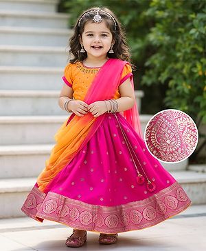 Babyhug Brocade Woven Half Puffed Sleeves Choli Lehenga Set with Dupatta & Motif Embroidery - Dark Pink & Yellow