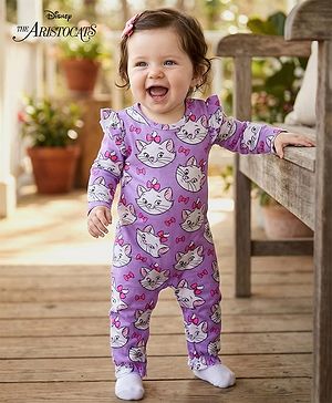 Babyhug Disney Interlock Knit Full Sleeves Romper With Marie Graphics - Lavender