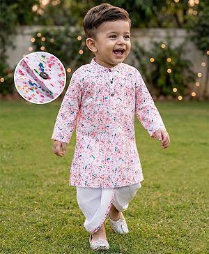 Babyhug Cotton Woven Full Sleeves Cambric Colour Splash Printed Kurta Dhoti Set - White