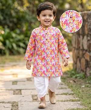 Babyhug Cotton Woven Full Sleeves Cambric Floral Printed Kurta Dhoti Set- Multicolour