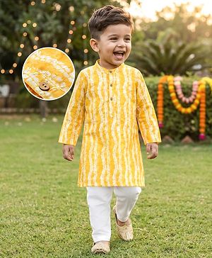 Babyhug Cambric Woven Full Sleeves Kurta Pajama Set With Floral Hakoba Embriodery - Yellow