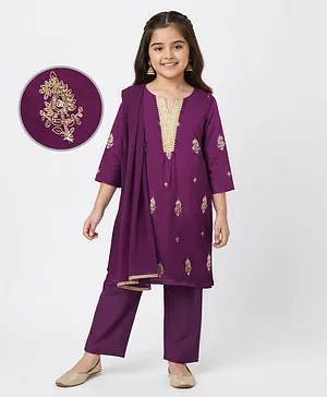 EARTHY TOUCH Woven Full Sleeves Kurta
                              Salwar & Dupatta Set With Floral
                              Embroidery - Purple