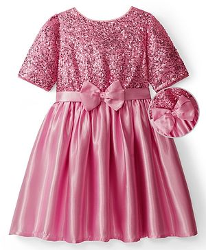 Hola Bonita Woven Half Sleeves Party Dress with Sequins & Bow Applique - Rose Gold