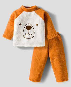 Babyhug Velour Knit Full Raglan Sleeves Winter Wear Night Suit With Face Embroidery - Brown &  White