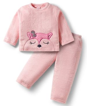 Babyhug Velour Knit Full Sleeves Winter Wear Night Suit With Animal Embriodery - Pink