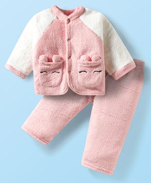 Babyhug Velour Knit Full Raglan Sleeves Winterwear Night Suit With Ear Applique & Pockets - Pink & White