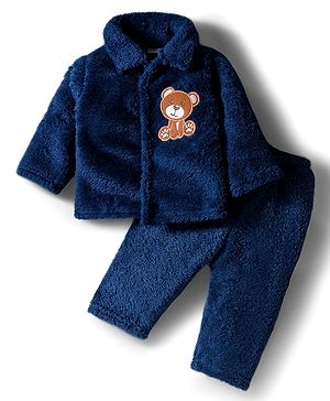 Babyhug Velour Knit Front Open Full Sleeves Night Suit with Animal Applique - Navy Blue
