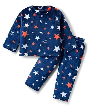 Babyhug Velour Knit Full Sleeves Co-ords Winter Wear Night Suit With Star Print - Navy Blue