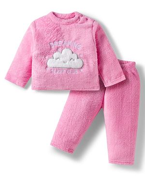 Babyhug Velour Knit Full Sleeves Winter Wear Night Suit With Text Embriodery - Pink