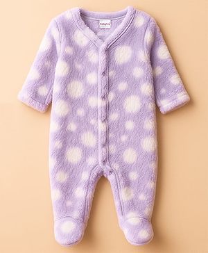 Babyhug Velour Knit Full Sleeves Winter Wear Footed Sleepsuit With Polka Dot Print - Lavender