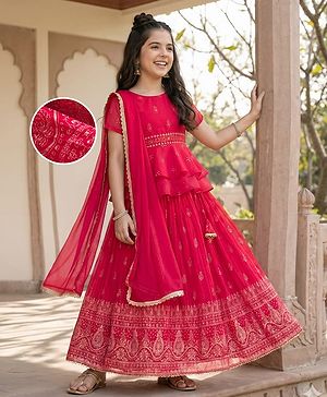Pine Kids Woven Half Sleeves Choli Lehenga & Dupatta Set With Floral & Mirror Embroidery - Dark Pink