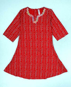 Kiddopanti Rayon Woven  Three Fourth Sleeves Bandhani Printed Floral Lace Embellished Kurti  - Red