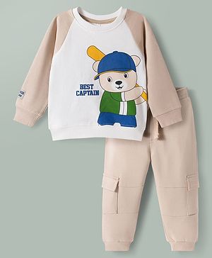 Babyhug 100% Cotton Knit Raglan Full Sleeves Bear Printed T-Shirt & Trouser Set - Beige
