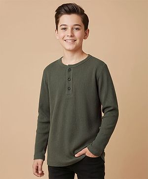 Pine Kids Knit Full Sleeves Solid Color Henley Neck T-Shirt - Olive Green