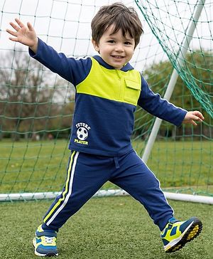 Babyhug Terry Knit Full Sleeves Hooded Cut & Sew T-Shirt & Lounge Pant Set with Sport Print & Tape Detailing - Navy Blue