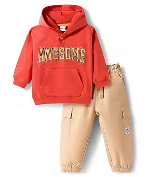 Babyhug Terry Knit Full Sleeves Awesome Text Printed Hooded Sweatshirt & Trouser Set - Rust Orange