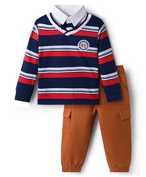 Babyhug Terry Knit Full Sleeves Striped T-Shirt & Trouser Set with Patch - Navy Blue & Beige