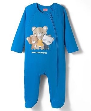 Babyhug Cotton Knit Full Sleeves Footed Sleepsuit With Teddy Bear Print - Blue