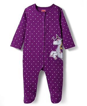 Babyhug Cotton Knit Full Sleeves Footed Sleepsuit With Polka Dots & Unicorn Print - Lavender