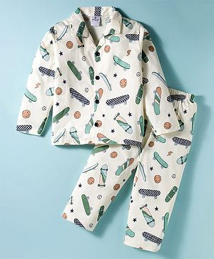 Ollypop Sinker knit Full Sleeves Co-ords Night Suit With Skateboard Print - Cream