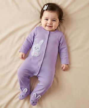 Babyhug Cotton Knit Full Sleeves Footed Sleepsuit With Animal Embroidery & Ear Applique - Lavender