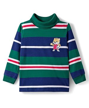 Babyhug Cotton Elastane Knit Full Sleeves Striped Turtle Neck Winter T-Shirt With Tiger Print - Green & Blue