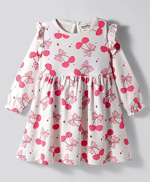 Bonfino 100% Cotton Knit Full Sleeves Frock With Cherry Print  - White