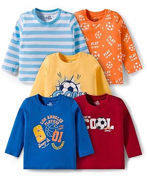 Doodle Poodle 100% Cotton Knit Full Sleeves T-Shirts with Sport Theme Print & Stripes Pack of 5 - Multicolor