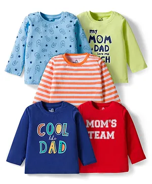 Doodle Poodle 100% Cotton Knit Full Sleeves T-Shirts with Stripes & Mom's Team Text Print Pack of 5 - Light Blue Orange & Blue