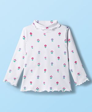 Babyhug Cotton Knit Full Sleeves Solid Color Turtle Neck Winter T-Shirt with Floral Print - White