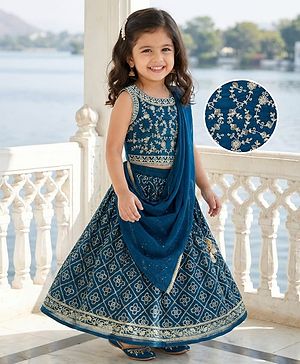 Babyhug Georgette Woven Sleeveless Choli Lehenga Set with Dupatta Embroidery & Sequin Detailing - Navy Blue