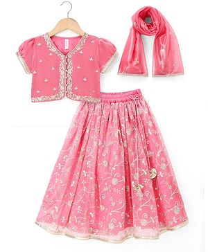 Babyhug Woven Half Sleeves Choli Lehenga & Dupatta Set With Floral Embriodery - Pink