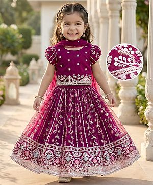 Babyhug Net Woven Half Sleeves Choli Lehenga & Dupatta Set With Floral Sequin Embriodery - Wine