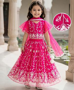 Babyhug Net Woven Frill Sleeves Choli Lehenga & Dupatta Set With Floral Embriodery - Fuschia