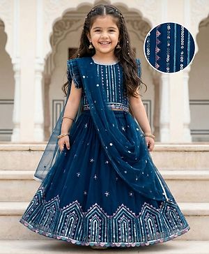 Babyhug Net Woven Half Sleeves Choli Lehenga & Dupatta Set With Sequin Embriodery - Blue