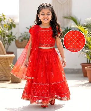 Babyhug Net Woven Half Sleeves Choli
                              Lehenga & Dupatta Set With Sequin
                              Embriodery - Orange