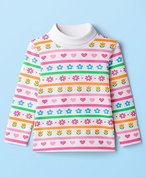 Babyhug Cotton Elastane Knit Full Sleeves Turtle Neck Winter T-Shirt with Floral & Heart Print - White